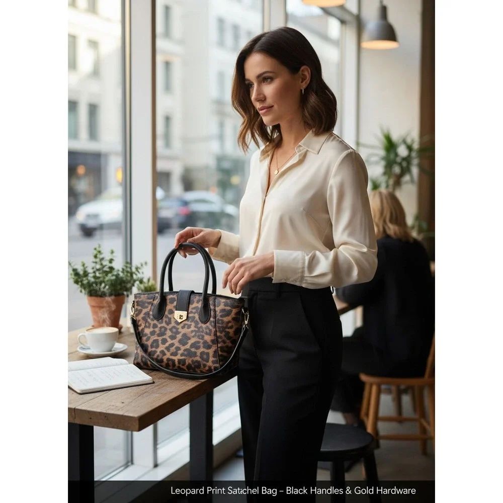 Leopard Print Satchel Bag – Black Handles & Gold Hardware - OS